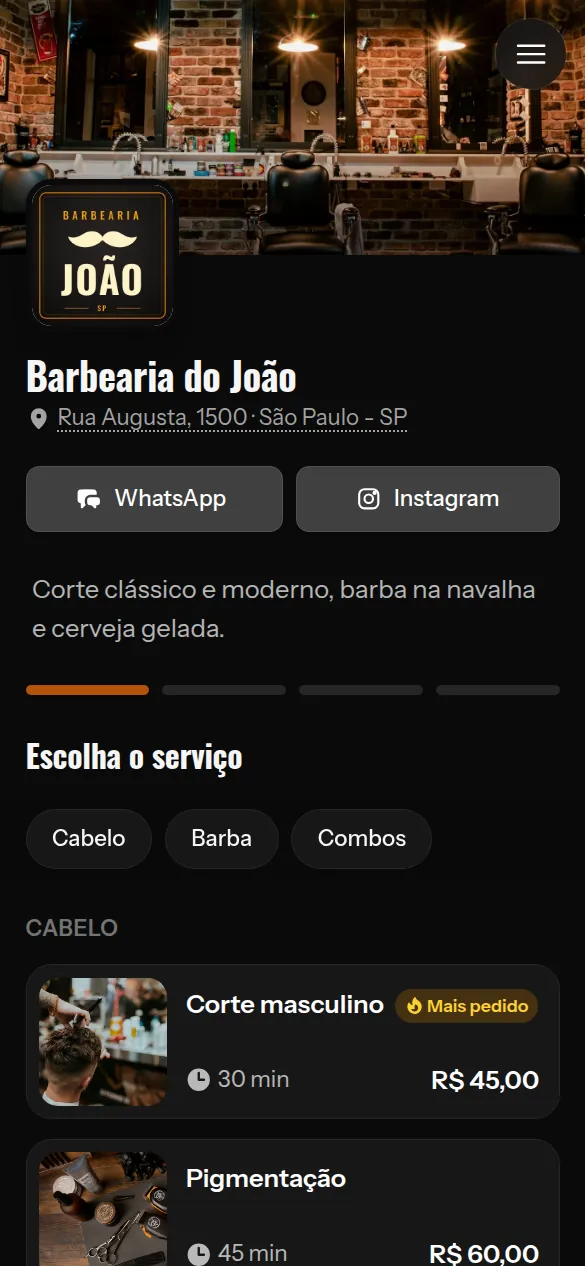Página de agendamento de uma barbearia