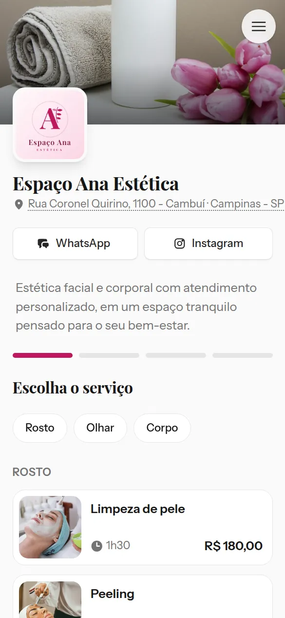 Página de agendamento de uma clínica de estética